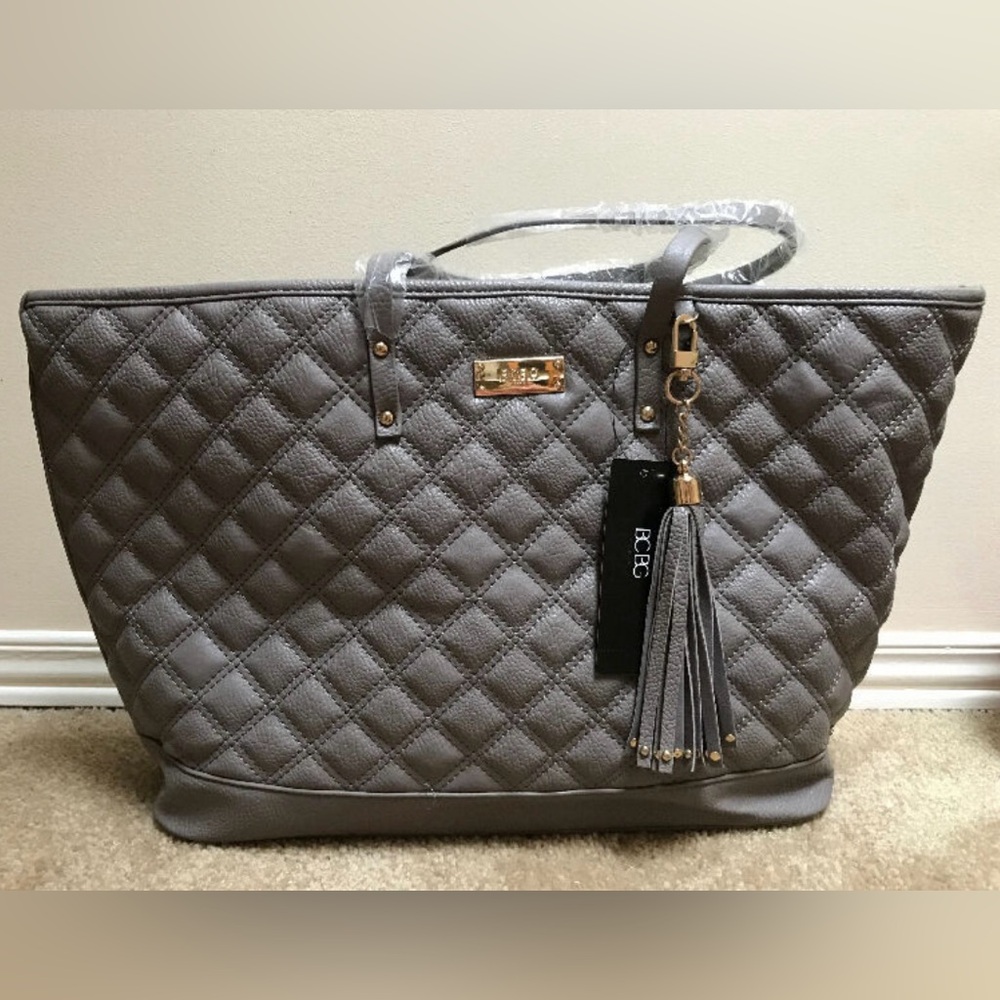 BCBG Gray Quilted Tote with Gold Accents